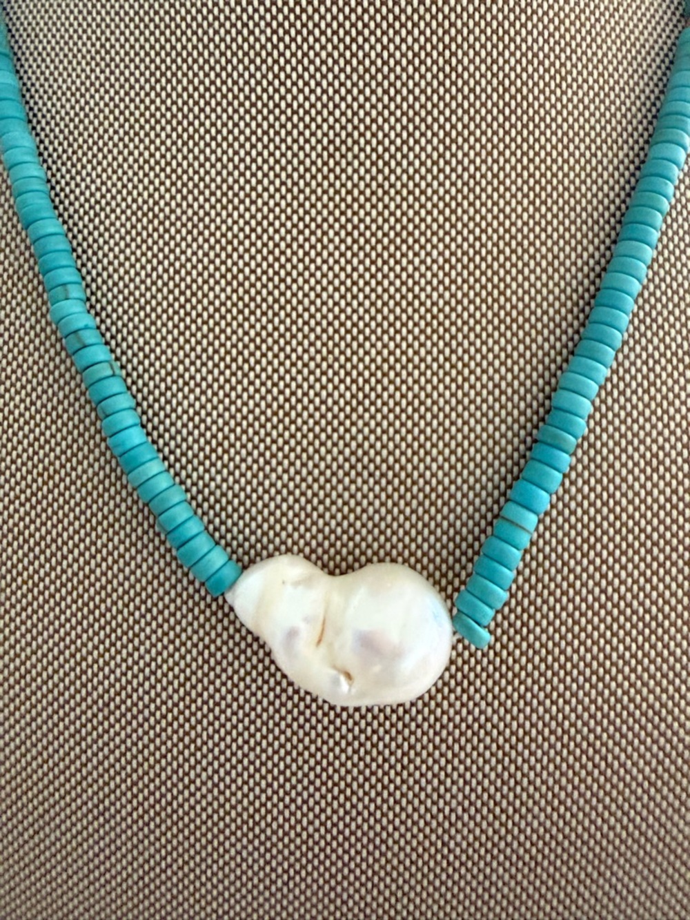 Turquoise Bead Necklace with Baroque Pearl Pendant